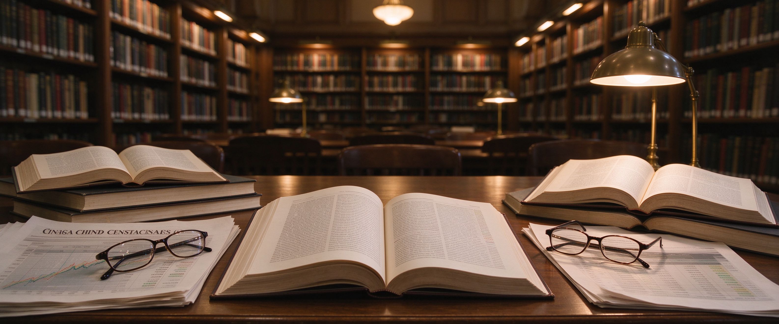 Research desk with books and charts